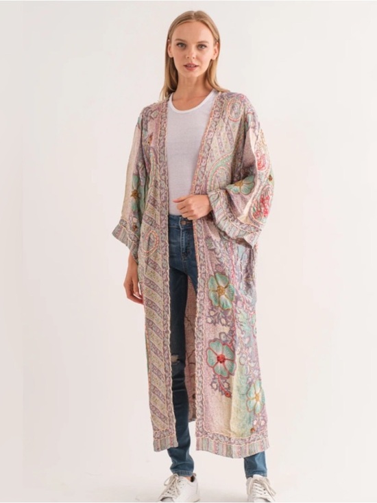 Raj Other - Raj Pastel Floral Patchwork Long Kimono - Pink, Green, Cream